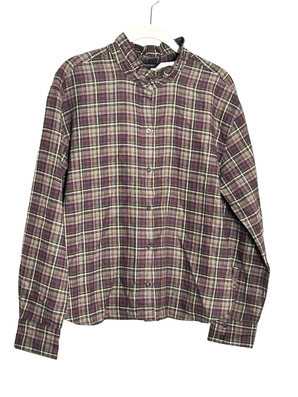 Banana Republic Plaid Ruffle Collar Button Down Shirt Plum Brown M